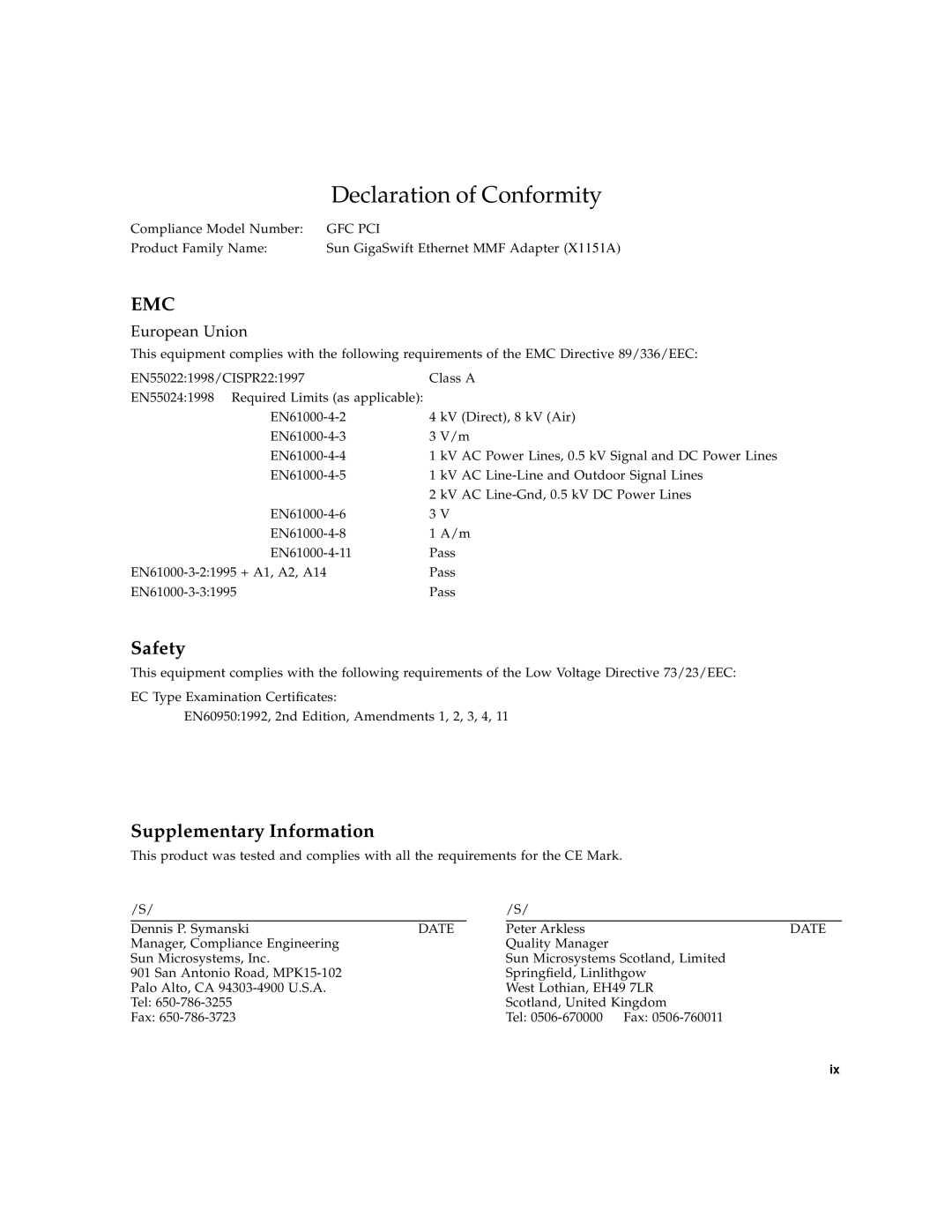 Sun Microsystems X1150A manual Declaration of Conformity 