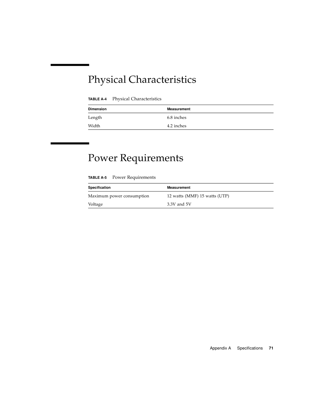 Sun Microsystems X1150A manual Physical Characteristics, Table A-5Power Requirements 