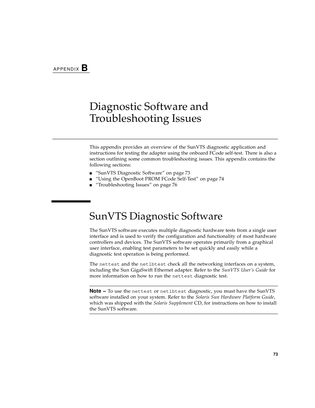 Sun Microsystems X1150A manual Diagnostic Software Troubleshooting Issues, SunVTS Diagnostic Software 