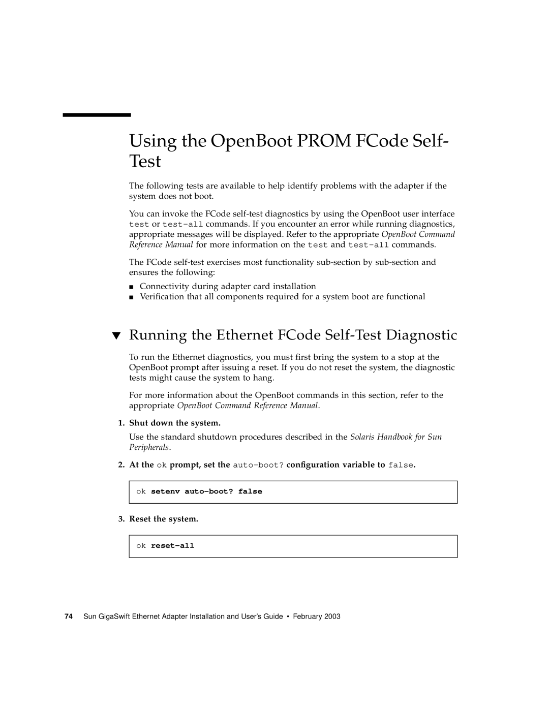 Sun Microsystems X1150A manual Using the OpenBoot Prom FCode Self- Test, Running the Ethernet FCode Self-Test Diagnostic 