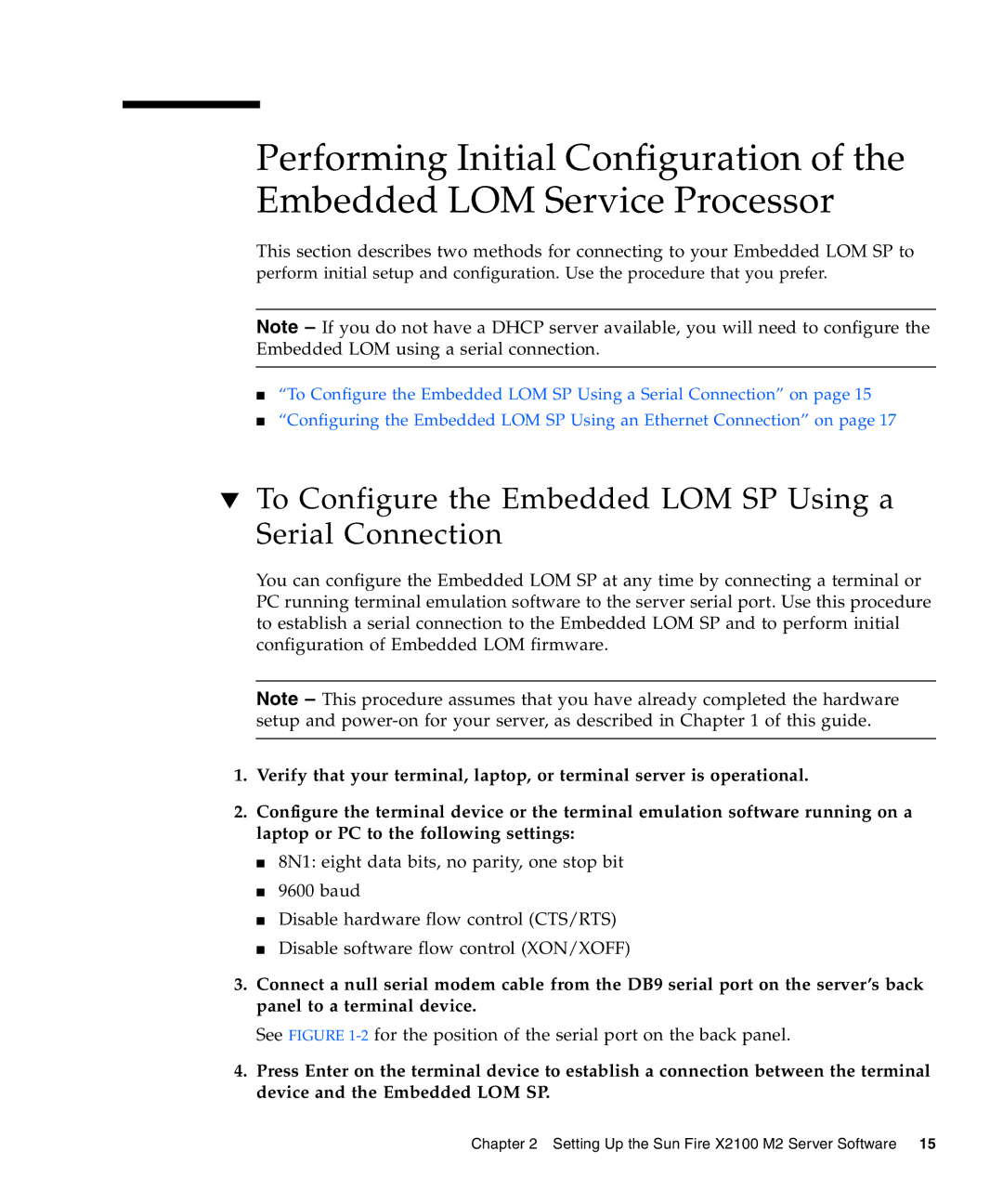 Sun Microsystems X2100 M2 manual To Configure the Embedded LOM SP Using a Serial Connection 