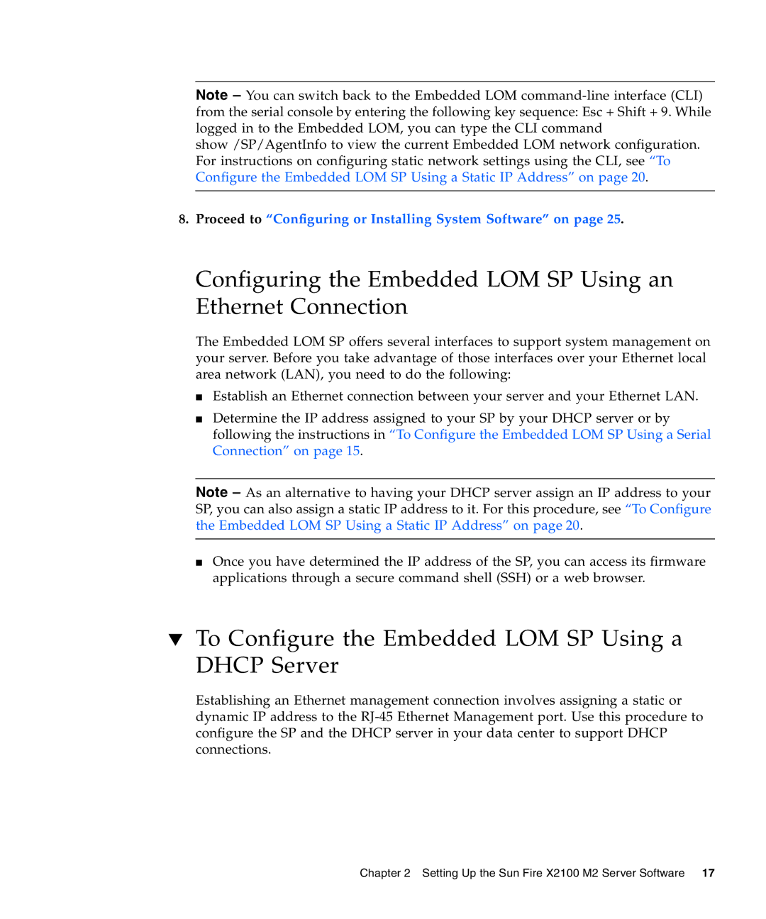 Sun Microsystems X2100 M2 manual Configuring the Embedded LOM SP Using an Ethernet Connection 