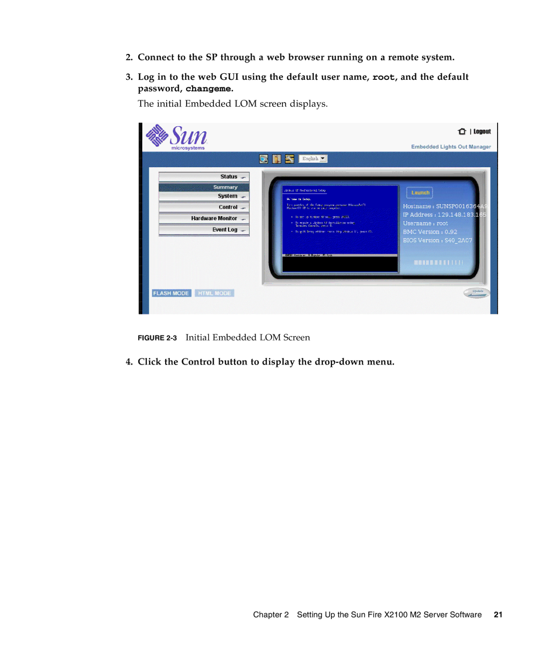 Sun Microsystems X2100 M2 manual Click the Control button to display the drop-down menu 