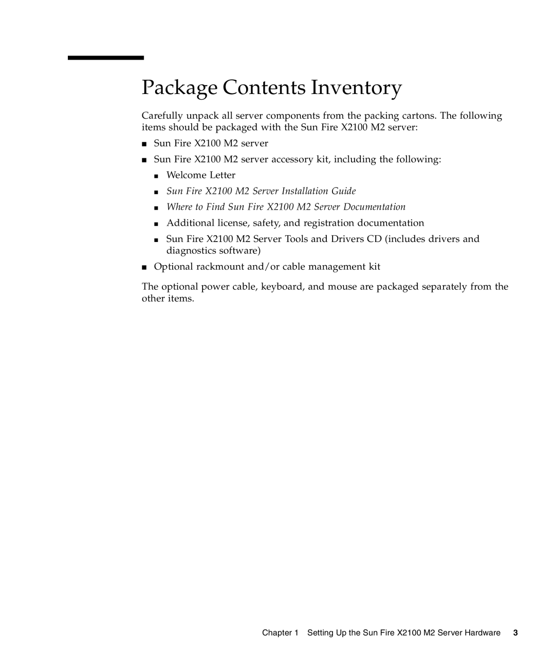 Sun Microsystems X2100 M2 manual Package Contents Inventory 