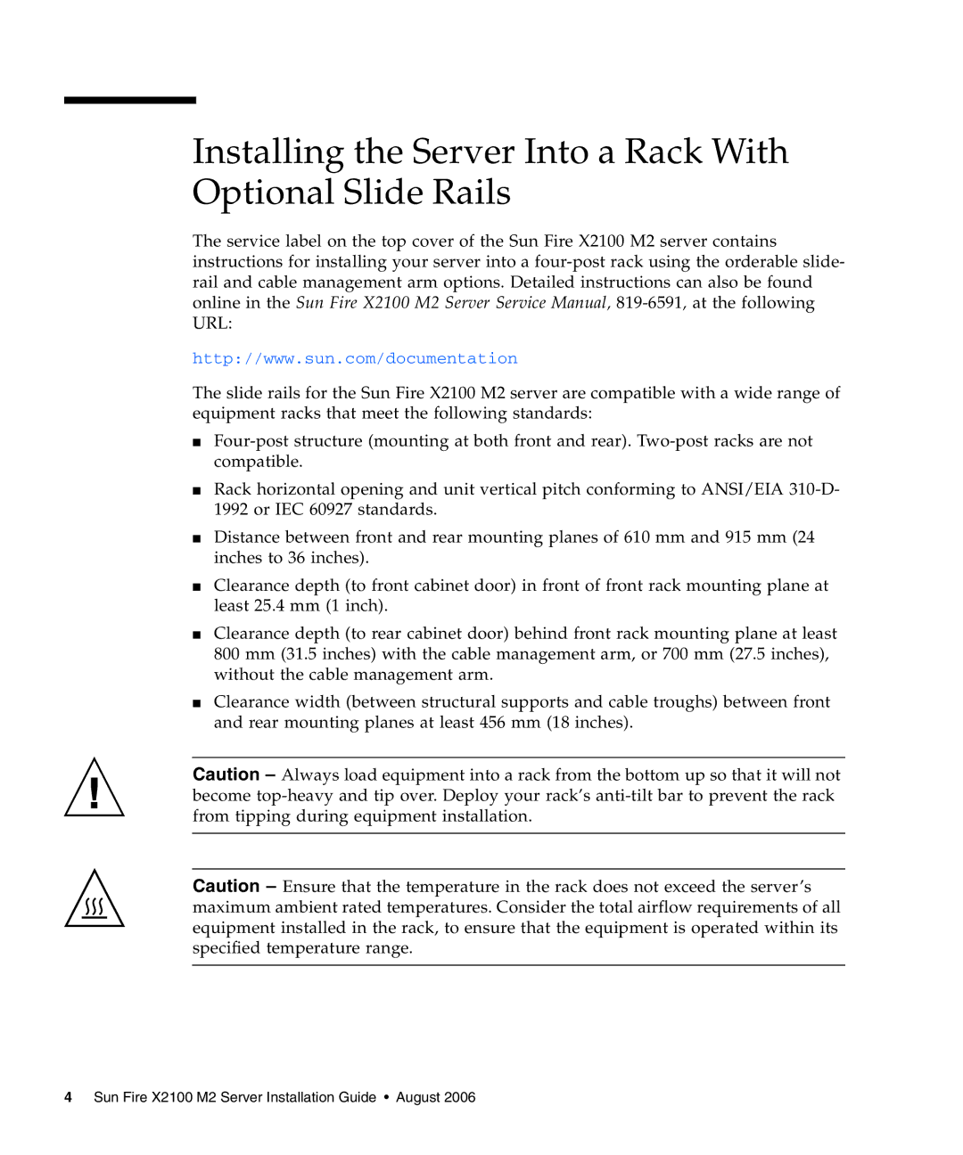 Sun Microsystems X2100 M2 manual Installing the Server Into a Rack With Optional Slide Rails 