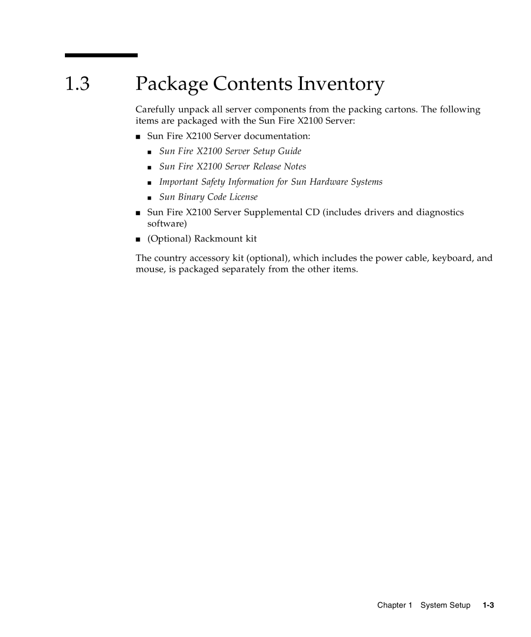 Sun Microsystems X2100 manual Package Contents Inventory 