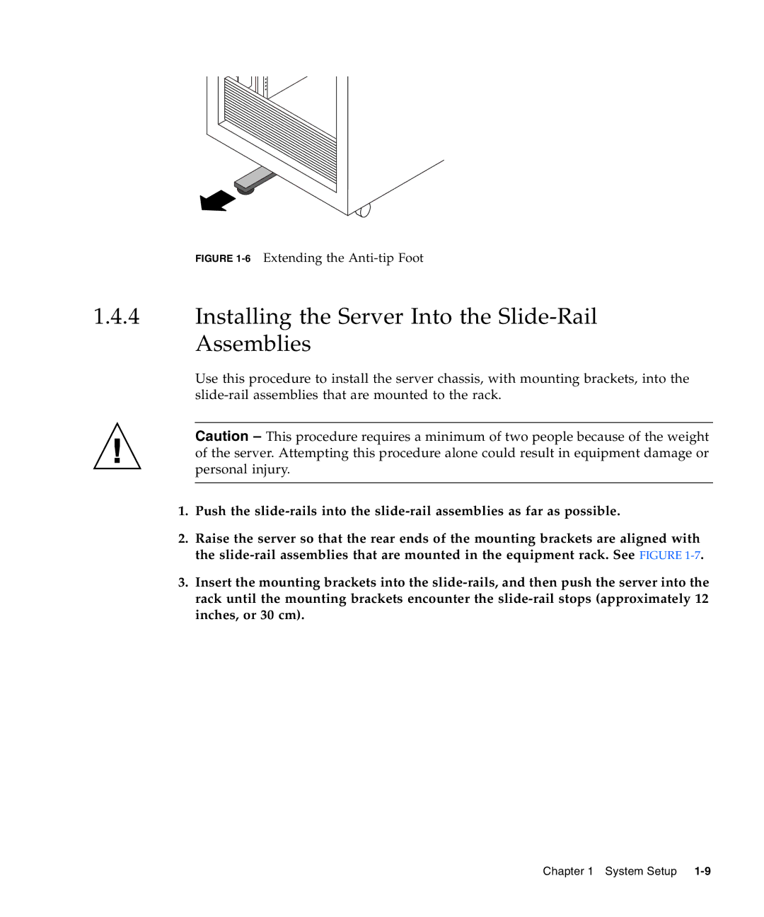 Sun Microsystems X2100 manual Installing the Server Into the Slide-Rail Assemblies, 6Extending the Anti-tip Foot 