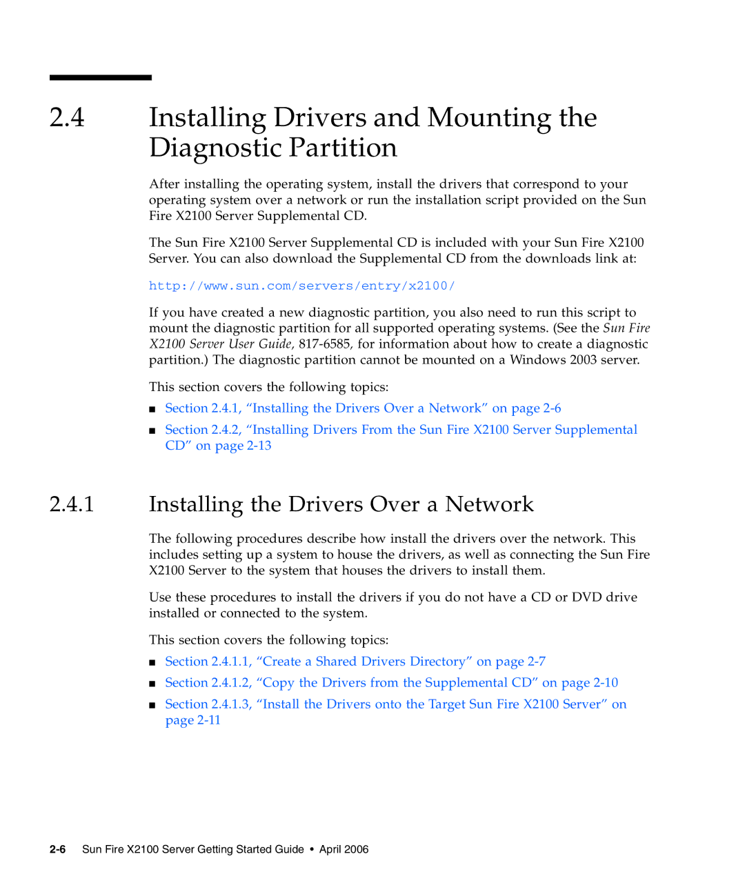 Sun Microsystems X2100 Installing Drivers and Mounting the Diagnostic Partition, Installing the Drivers Over a Network 