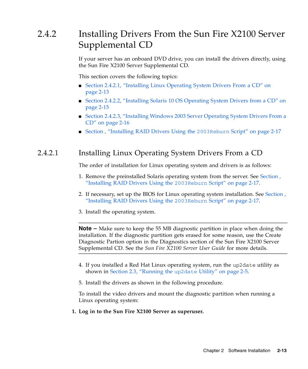 Sun Microsystems X2100 manual Installing Linux Operating System Drivers From a CD 