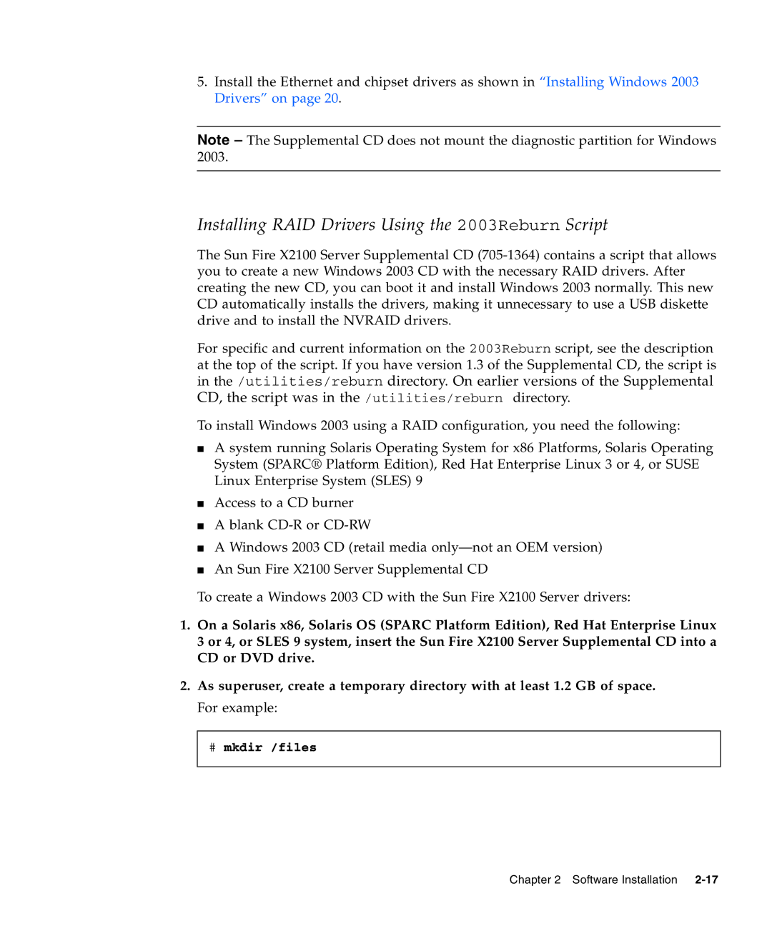 Sun Microsystems X2100 manual Installing RAID Drivers Using the 2003Reburn Script 