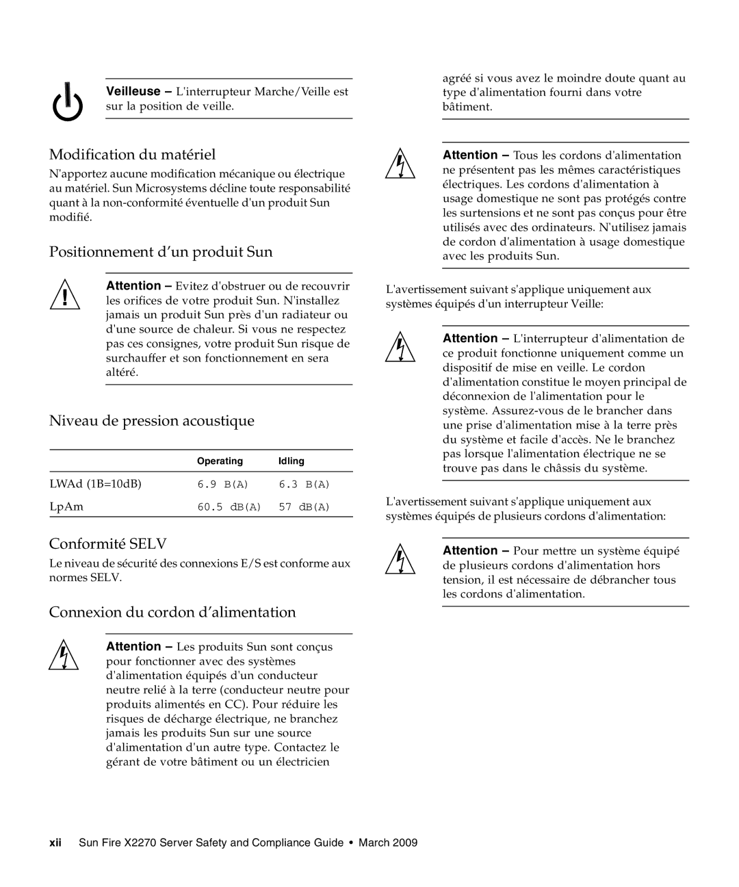 Sun Microsystems X2270 manual Modification du matériel, Conformité Selv, Connexion du cordon d’alimentation 