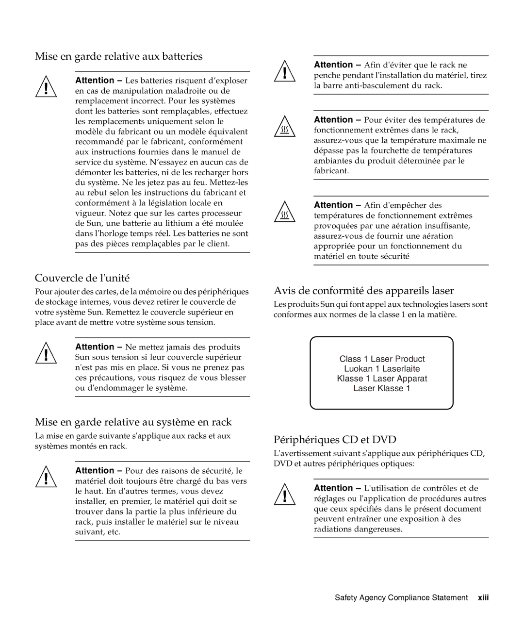 Sun Microsystems X2270 Mise en garde relative aux batteries Couvercle de lunité, Avis de conformité des appareils laser 