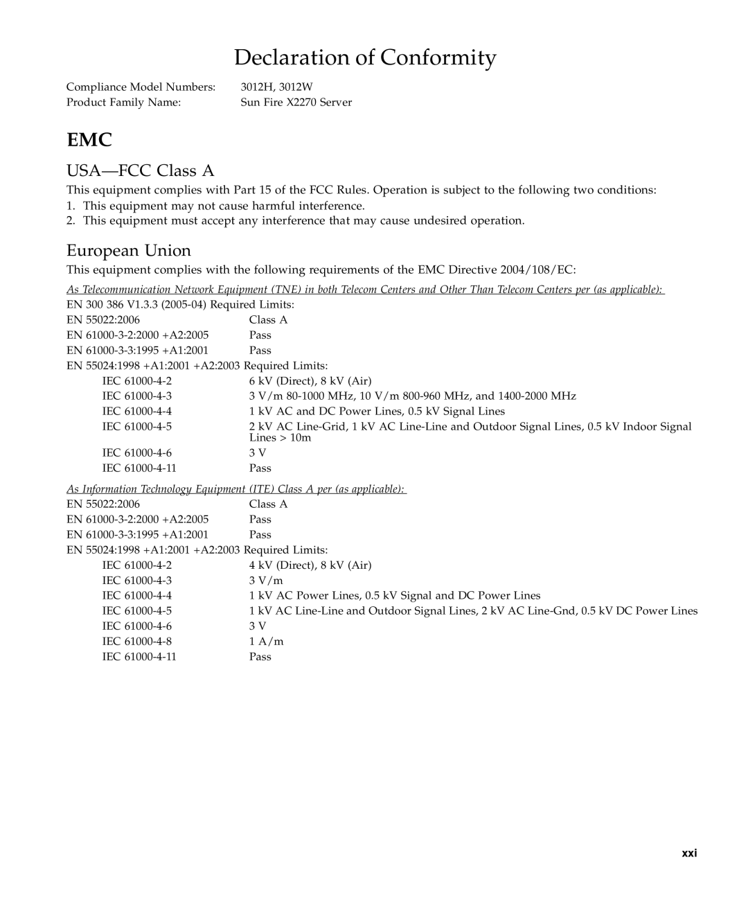 Sun Microsystems X2270 manual Declaration of Conformity 