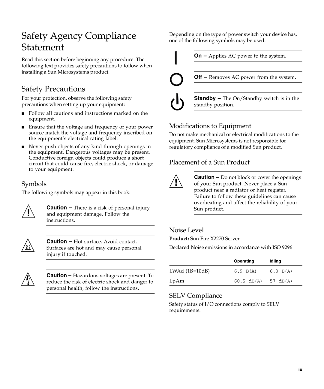 Sun Microsystems X2270 Safety Precautions, Symbols, Modifications to Equipment, Placement of a Sun Product Noise Level 