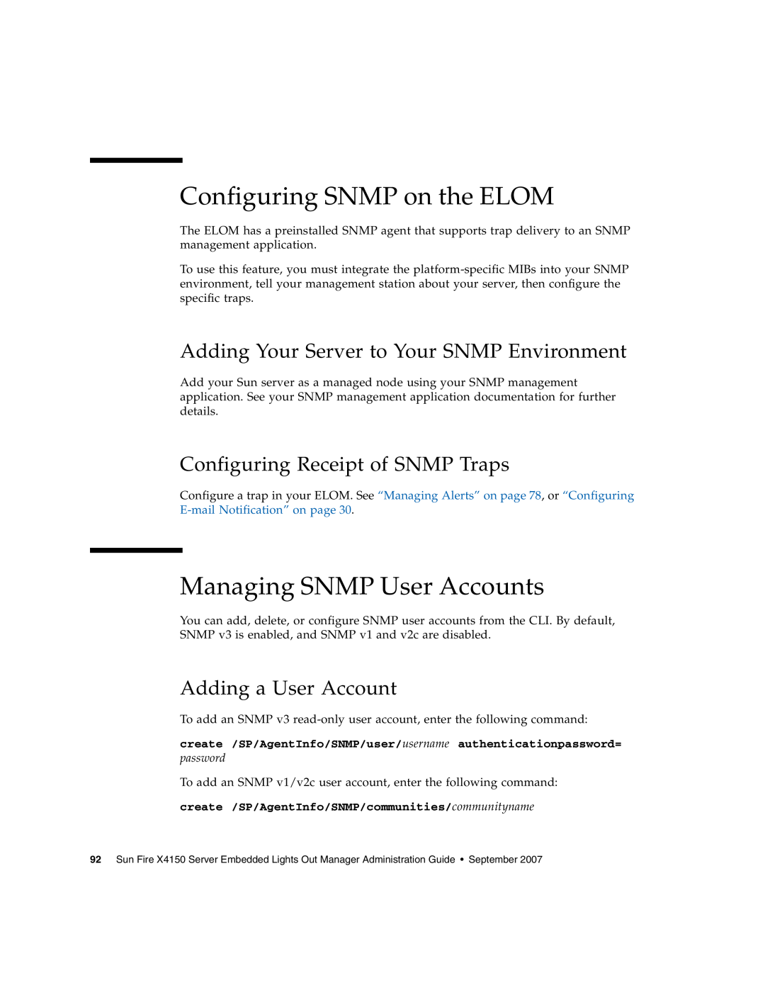 Sun Microsystems X4150 manual Configuring SNMP on the ELOM, Managing SNMP User Accounts, Configuring Receipt of SNMP Traps 