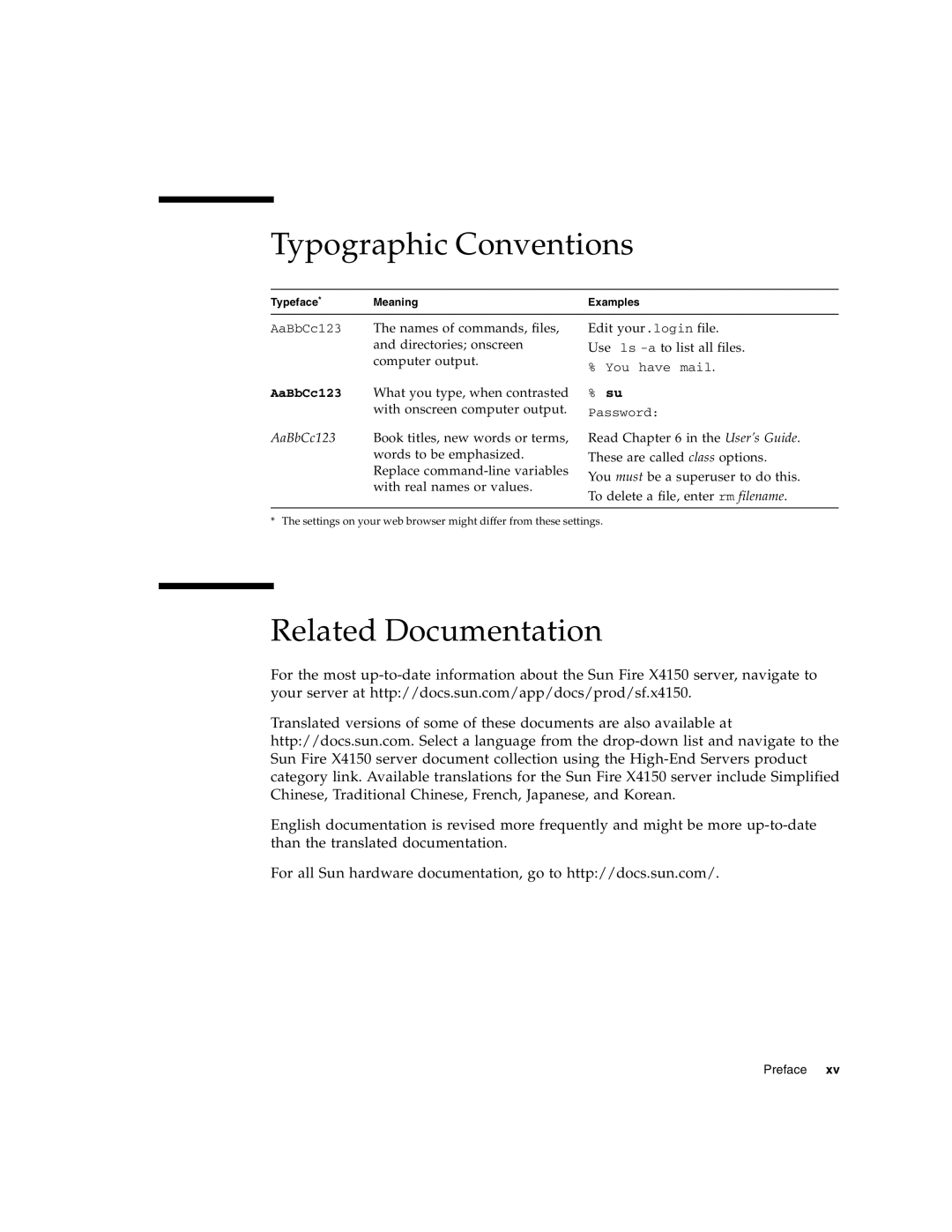 Sun Microsystems X4150 manual Typographic Conventions, Related Documentation 