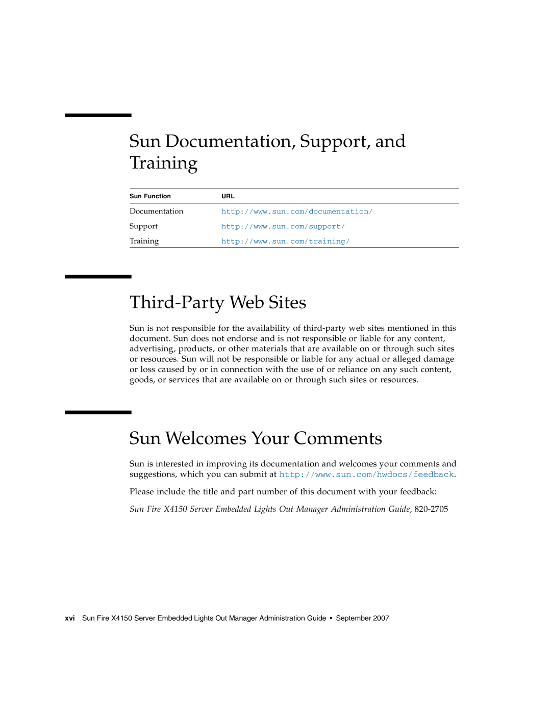 Sun Microsystems X4150 manual Sun Documentation, Support, and Training, Third-Party Web Sites, Sun Welcomes Your Comments 