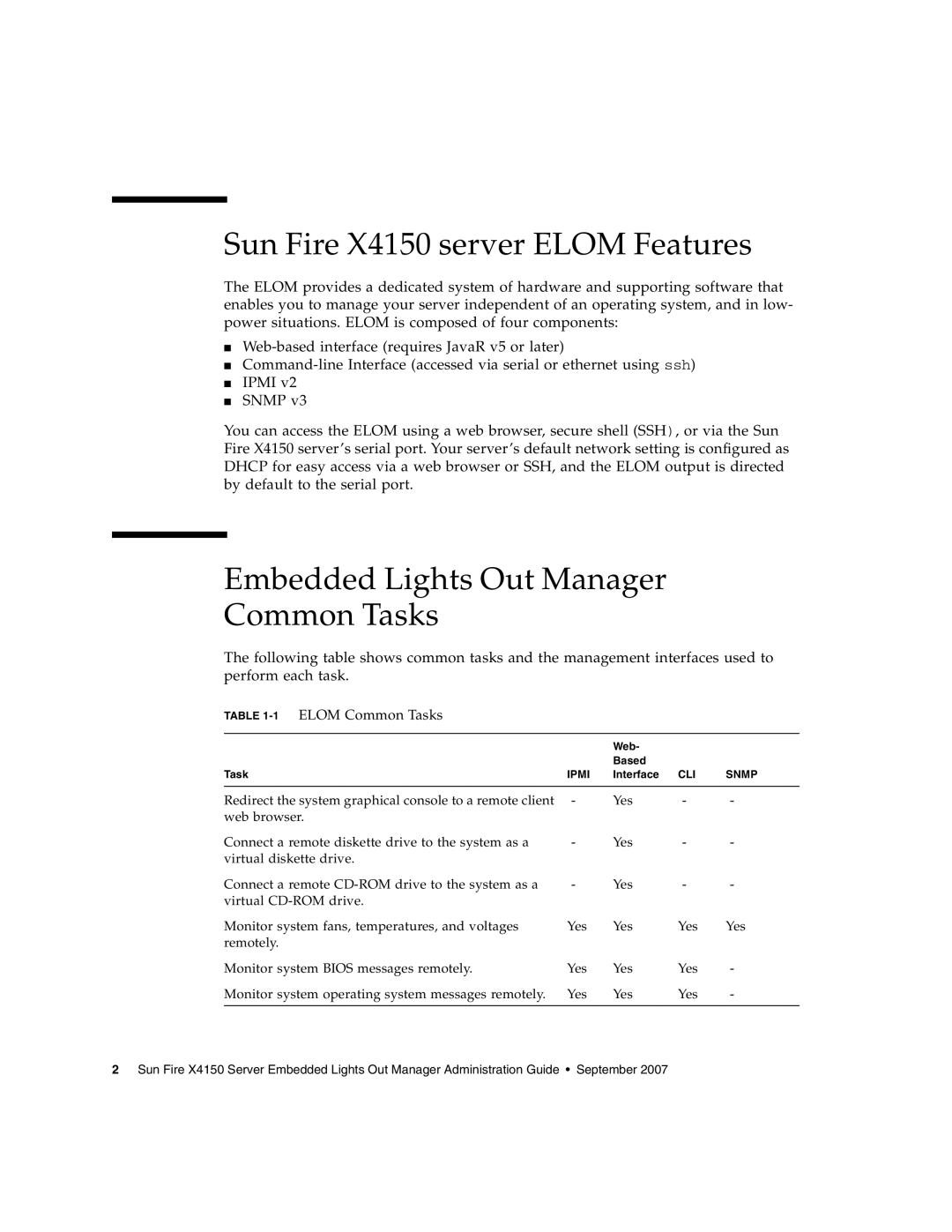 Sun Microsystems manual Sun Fire X4150 server ELOM Features, Embedded Lights Out Manager Common Tasks 