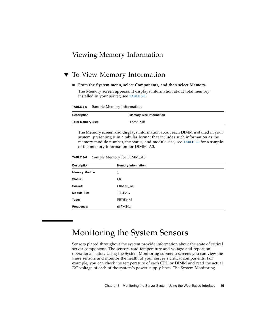 Sun Microsystems X4150 manual Monitoring the System Sensors, Viewing Memory Information To View Memory Information 