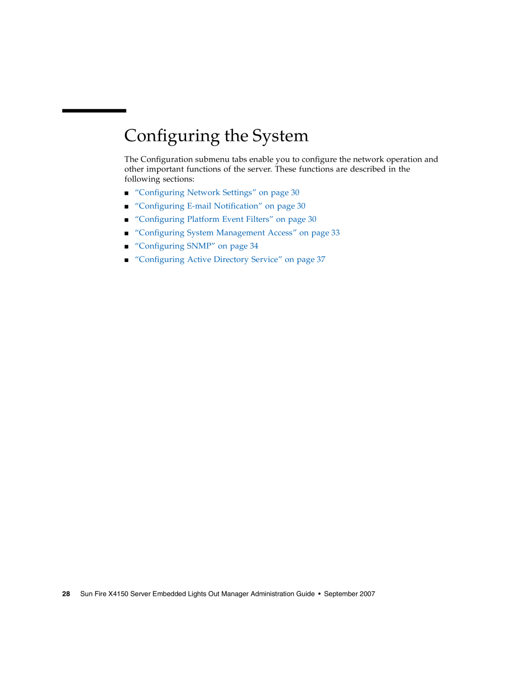 Sun Microsystems X4150 manual Configuring the System, “Configuring Network Settings” on page, “Configuring SNMP” on page 