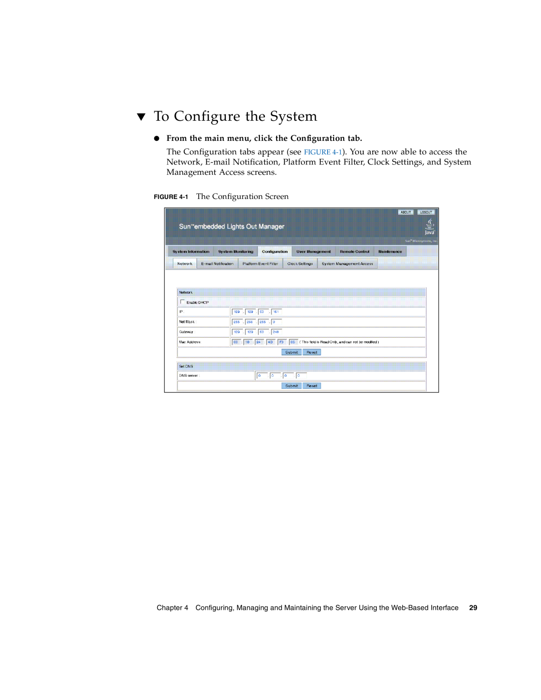 Sun Microsystems X4150 manual To Configure the System, From the main menu, click the Configuration tab 