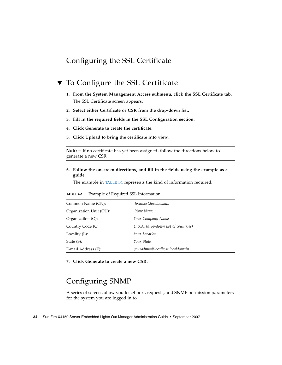 Sun Microsystems X4150 manual Configuring the SSL Certificate To Configure the SSL Certificate, Configuring SNMP 