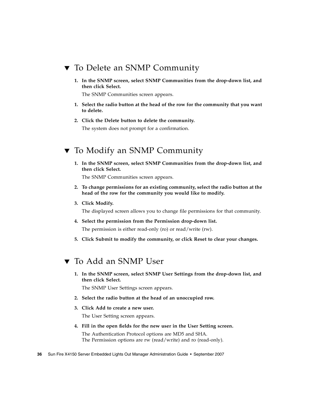 Sun Microsystems X4150 manual To Delete an SNMP Community, To Modify an SNMP Community, To Add an SNMP User 