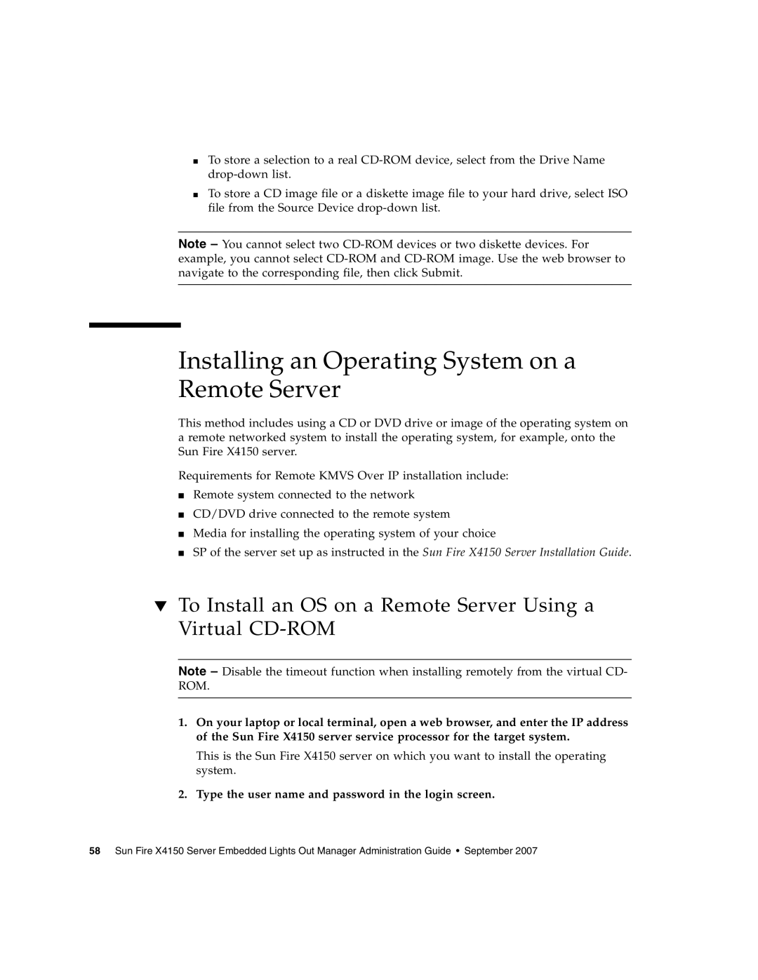 Sun Microsystems X4150 manual Installing an Operating System on a Remote Server 