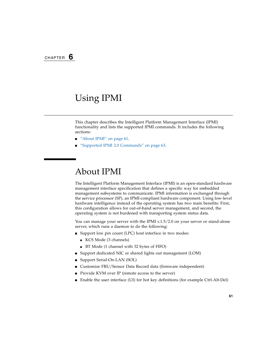 Sun Microsystems X4150 manual Using IPMI, “About IPMI” on page “Supported IPMI 2.0 Commands” on page 