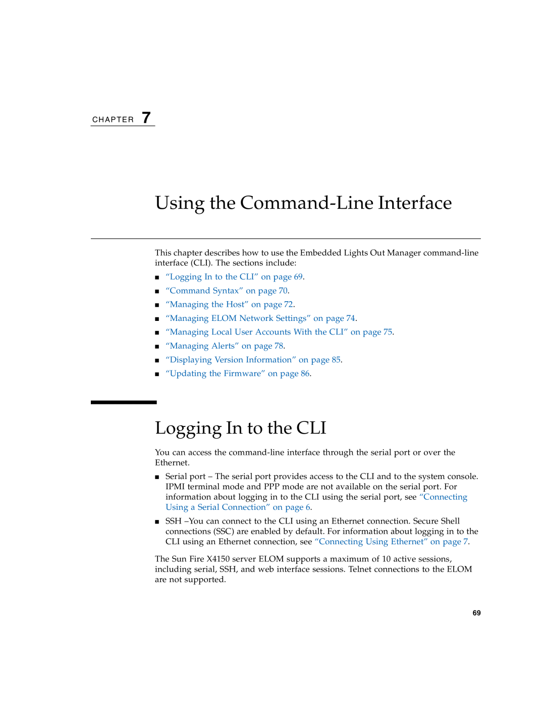 Sun Microsystems X4150 manual Using the Command-Line Interface, Logging In to the CLI, “Updating the Firmware” on page 