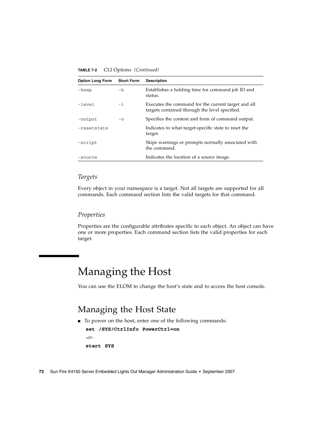 Sun Microsystems X4150 manual Managing the Host State, Targets, Properties, start SYS 