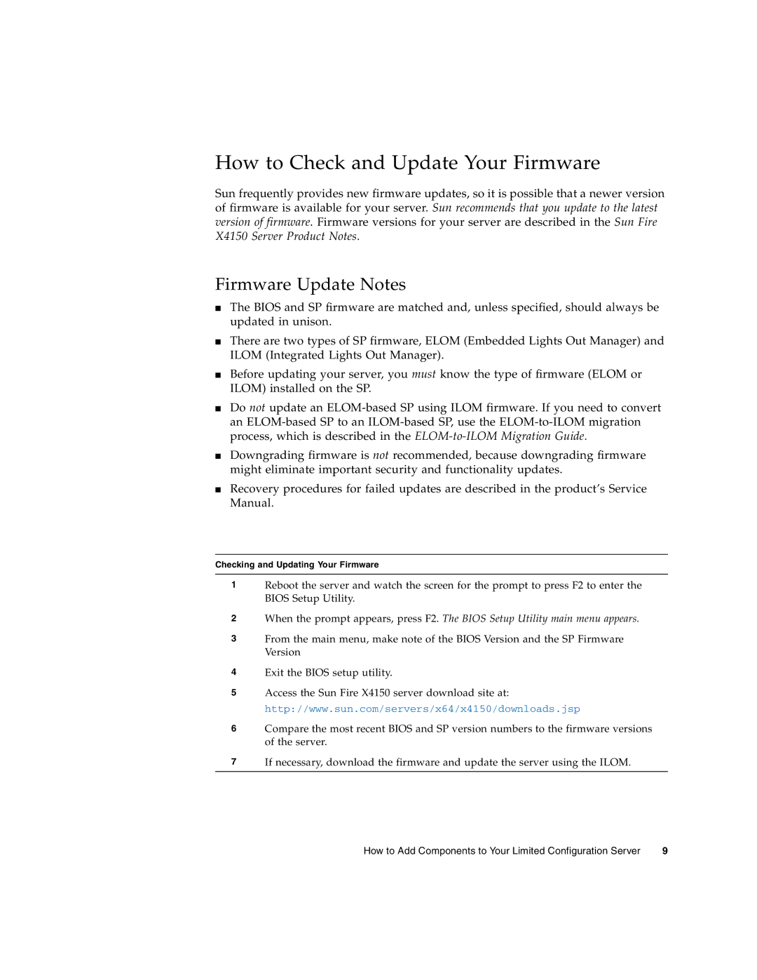 Sun Microsystems X4150 manual How to Check and Update Your Firmware, Firmware Update Notes 