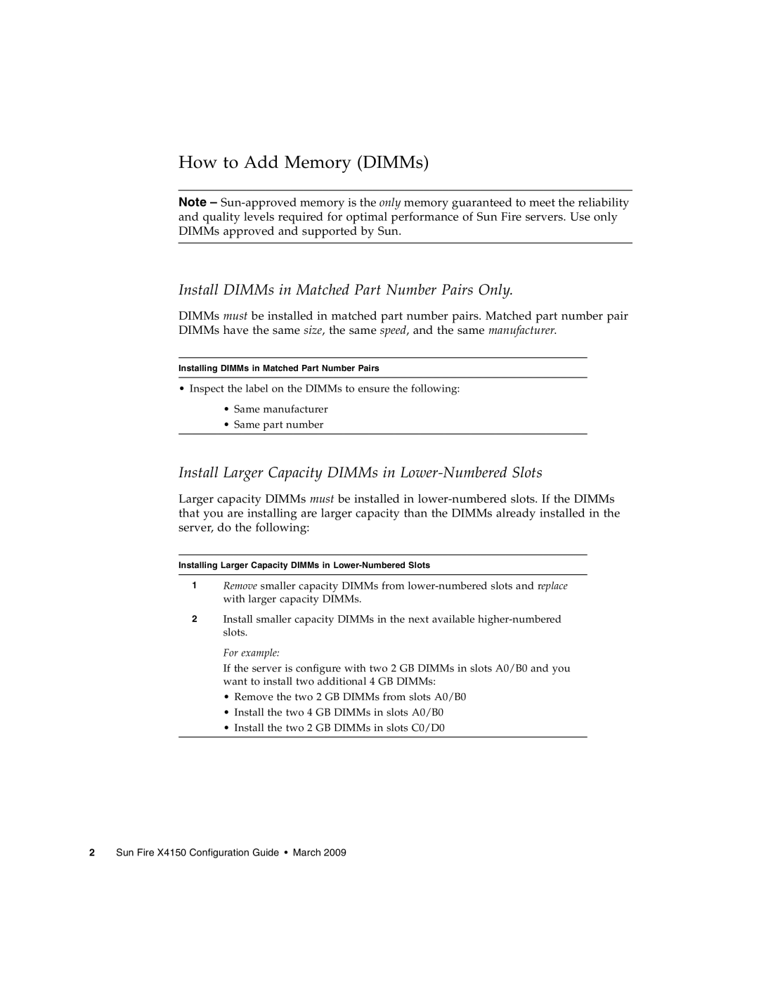 Sun Microsystems X4150 manual How to Add Memory DIMMs, Install DIMMs in Matched Part Number Pairs Only 