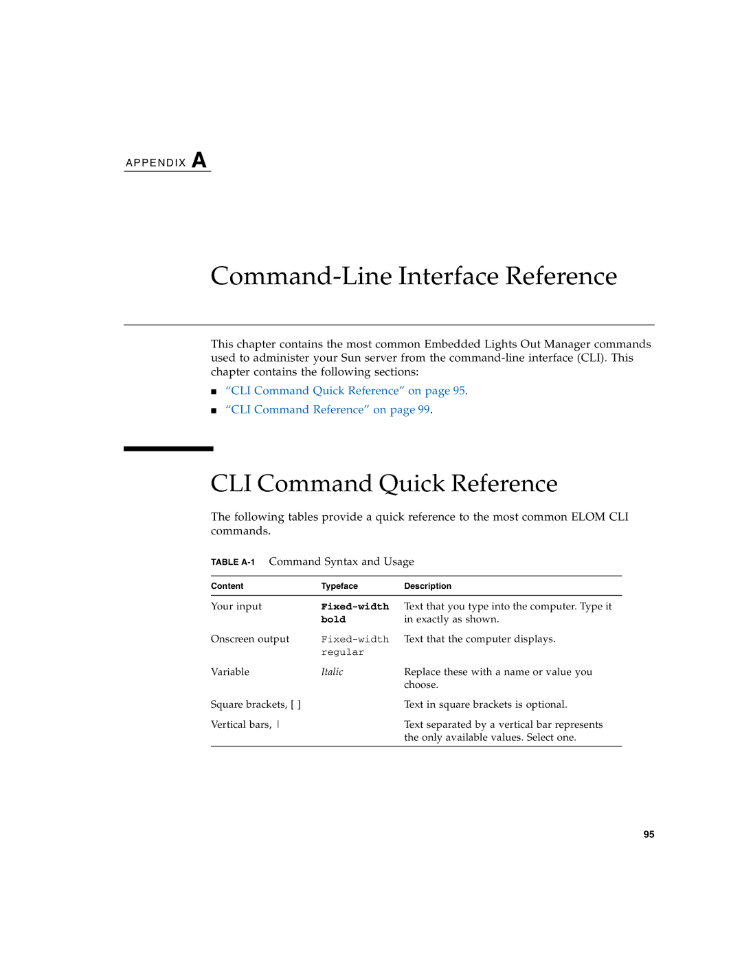 Sun Microsystems X4150 manual CLI Command Quick Reference, Table A-1Command Syntax and Usage 