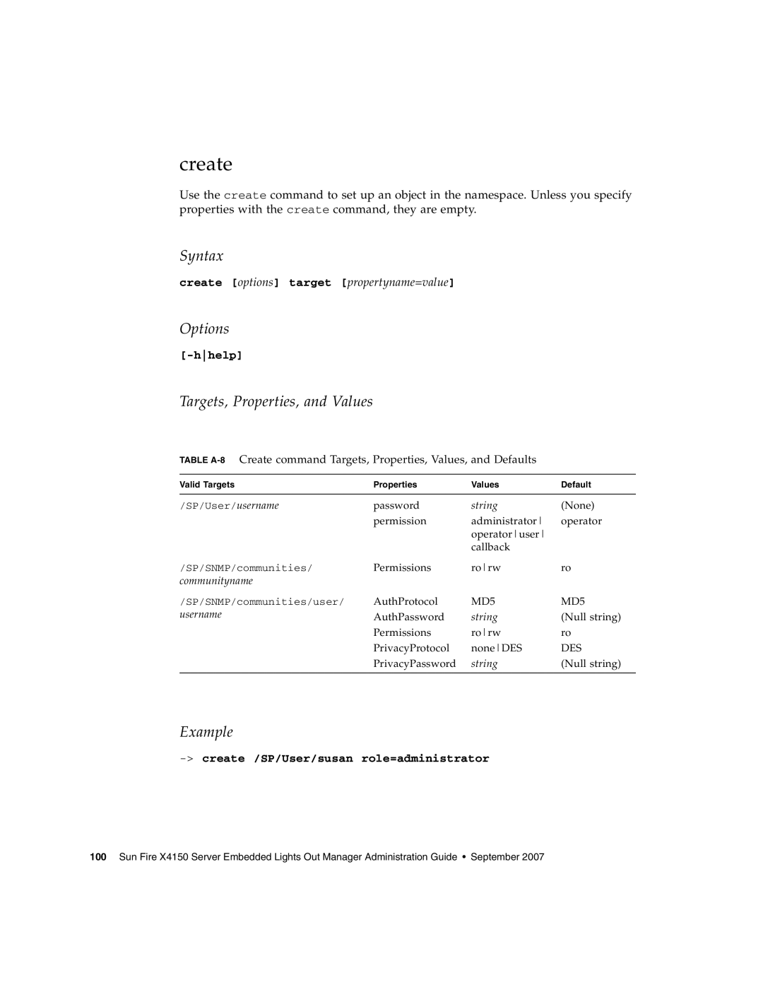 Sun Microsystems X4150 manual Create, Example 