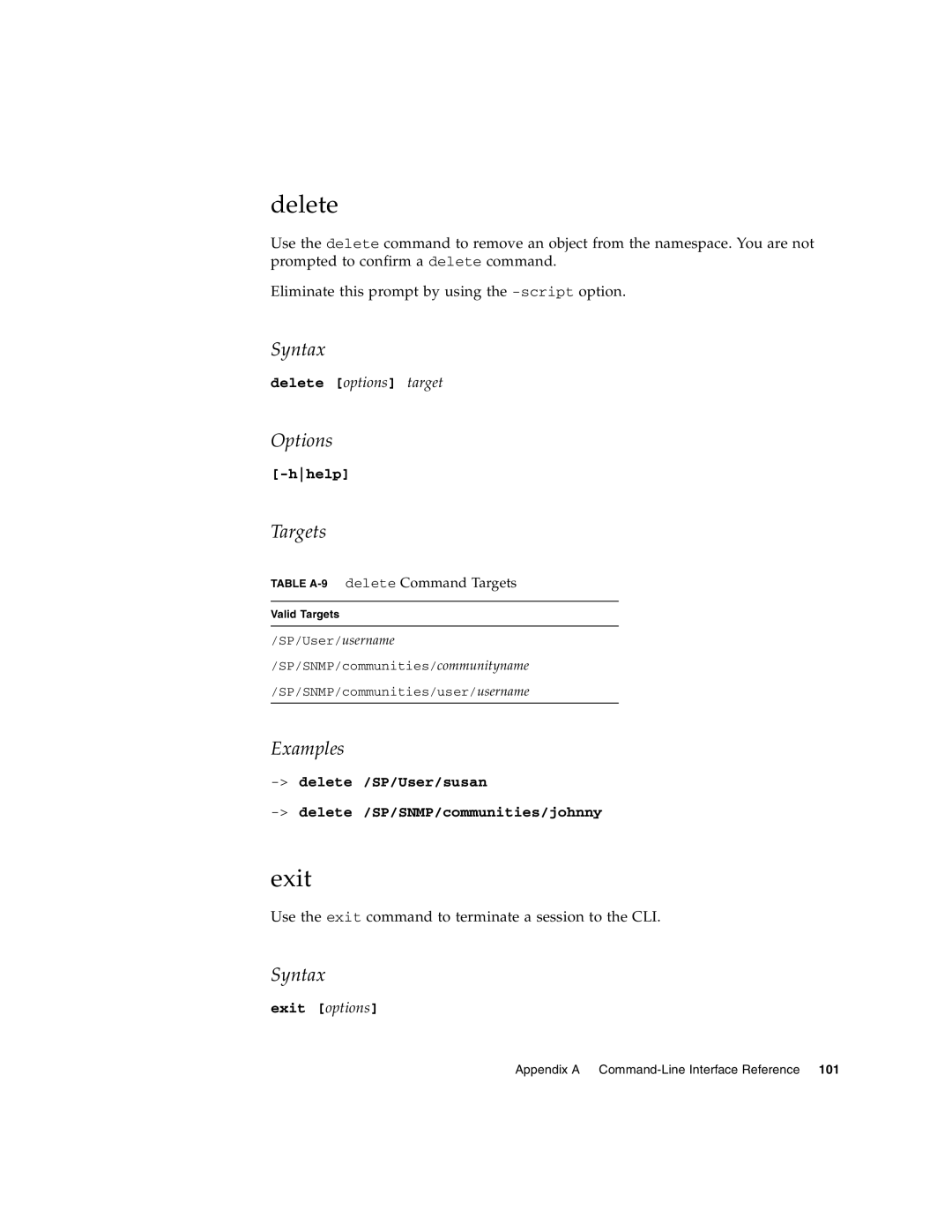 Sun Microsystems X4150 manual Delete, Exit, Table A-9delete Command Targets 