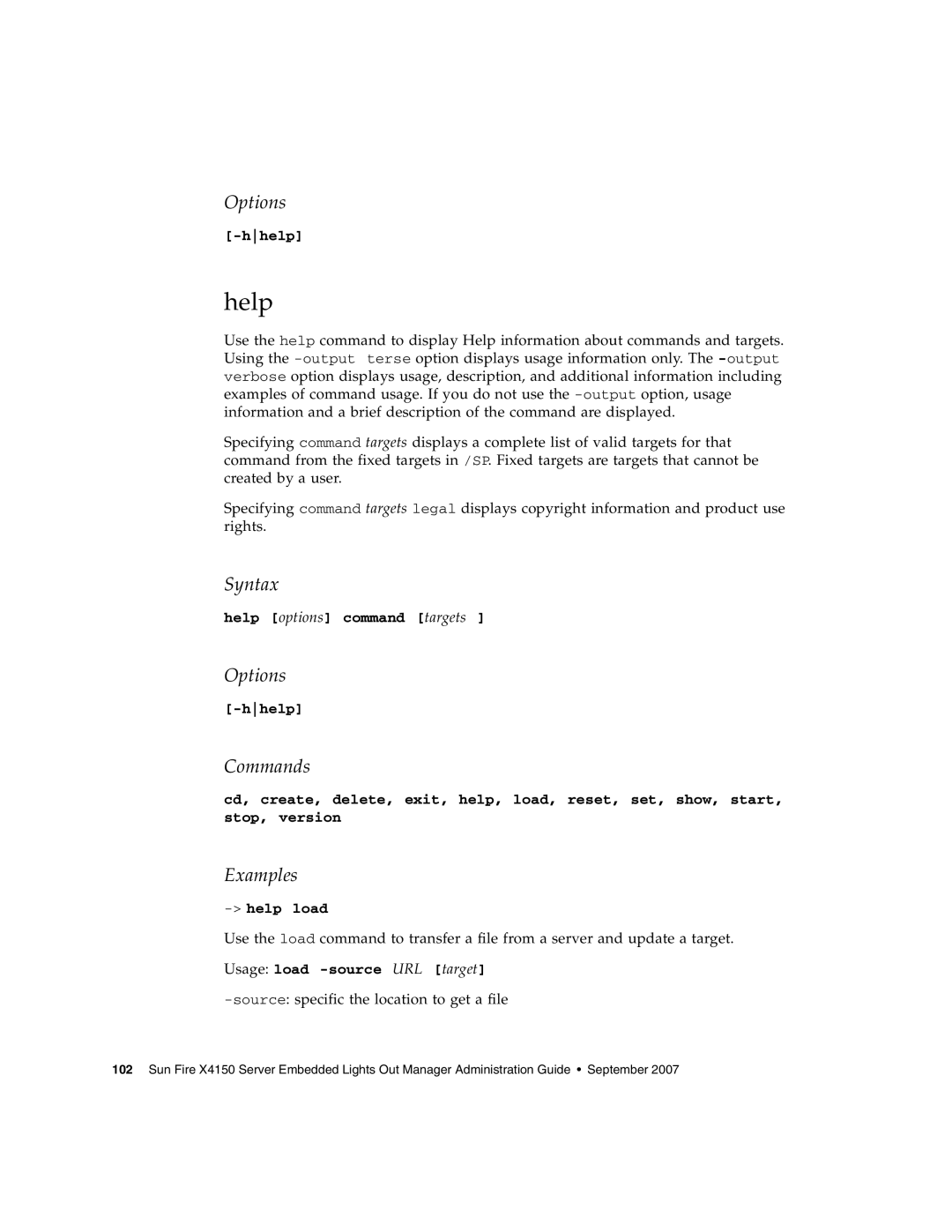 Sun Microsystems X4150 manual Help, Usage load -source URL target 