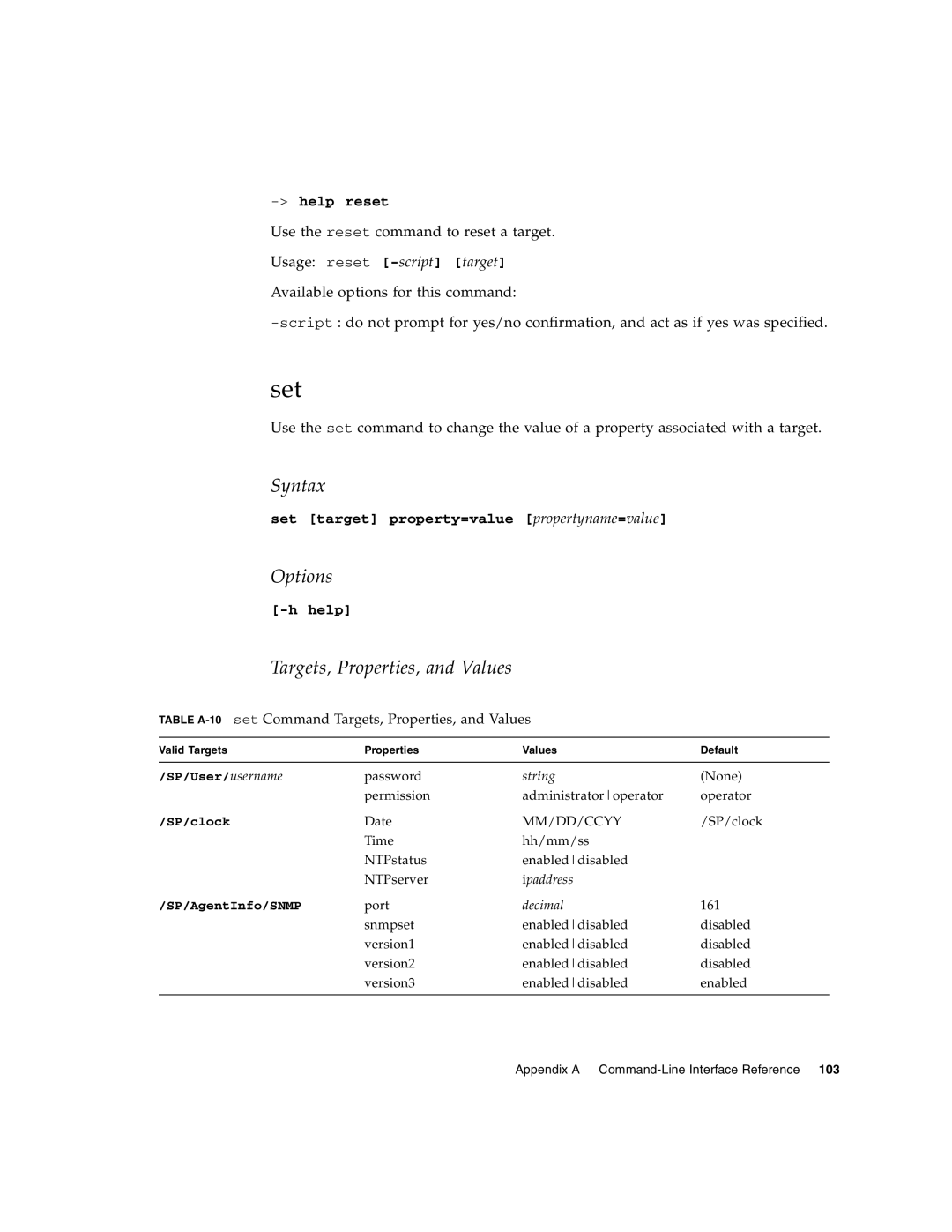 Sun Microsystems X4150 manual Set, Table A-10set Command Targets, Properties, and Values 