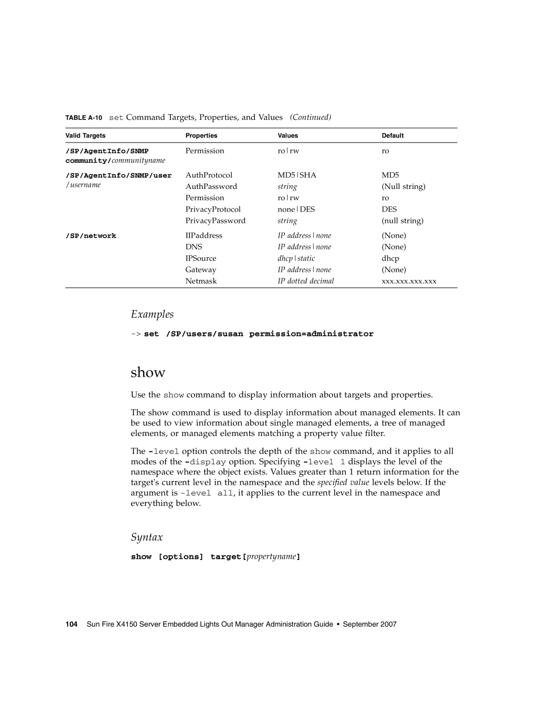 Sun Microsystems X4150 manual Show, SP/AgentInfo/SNMP/user 