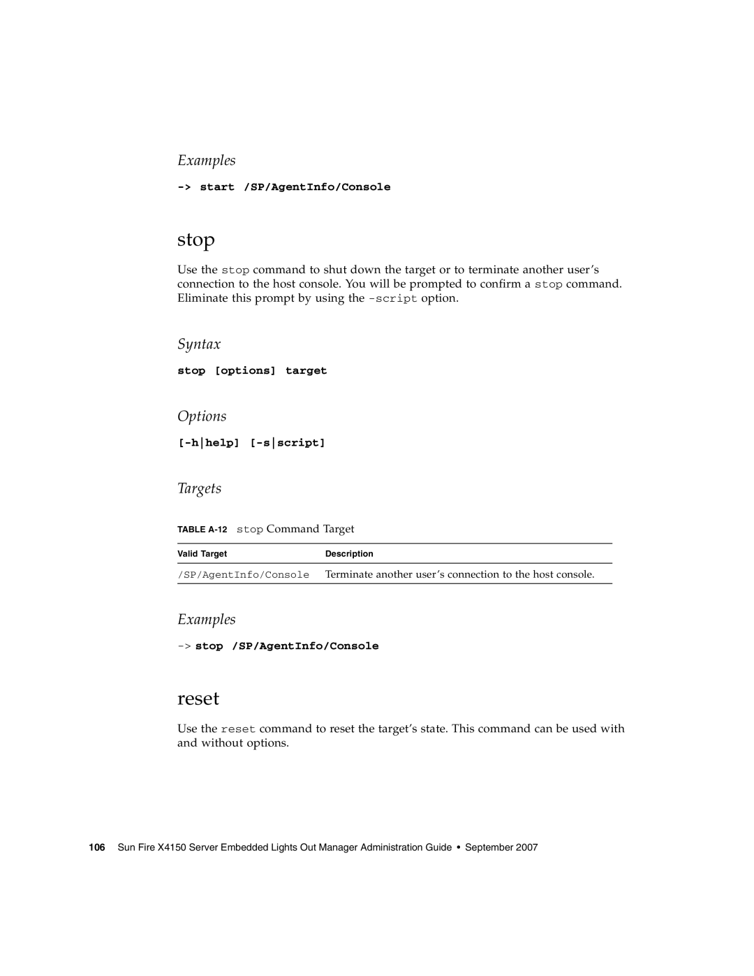 Sun Microsystems X4150 manual Stop, Reset, Table A-12stop Command Target 