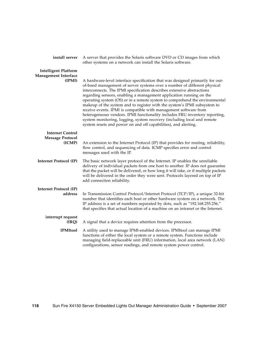 Sun Microsystems X4150 Intelligent Platform Management Interface, Internet Control Message Protocol, Internet Protocol IP 