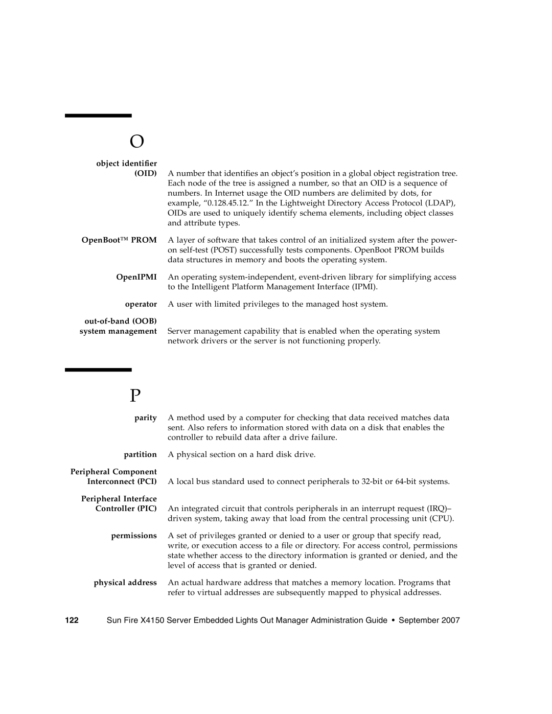 Sun Microsystems X4150 manual Object identifier, Out-of-band OOB, Peripheral Component, Peripheral Interface 