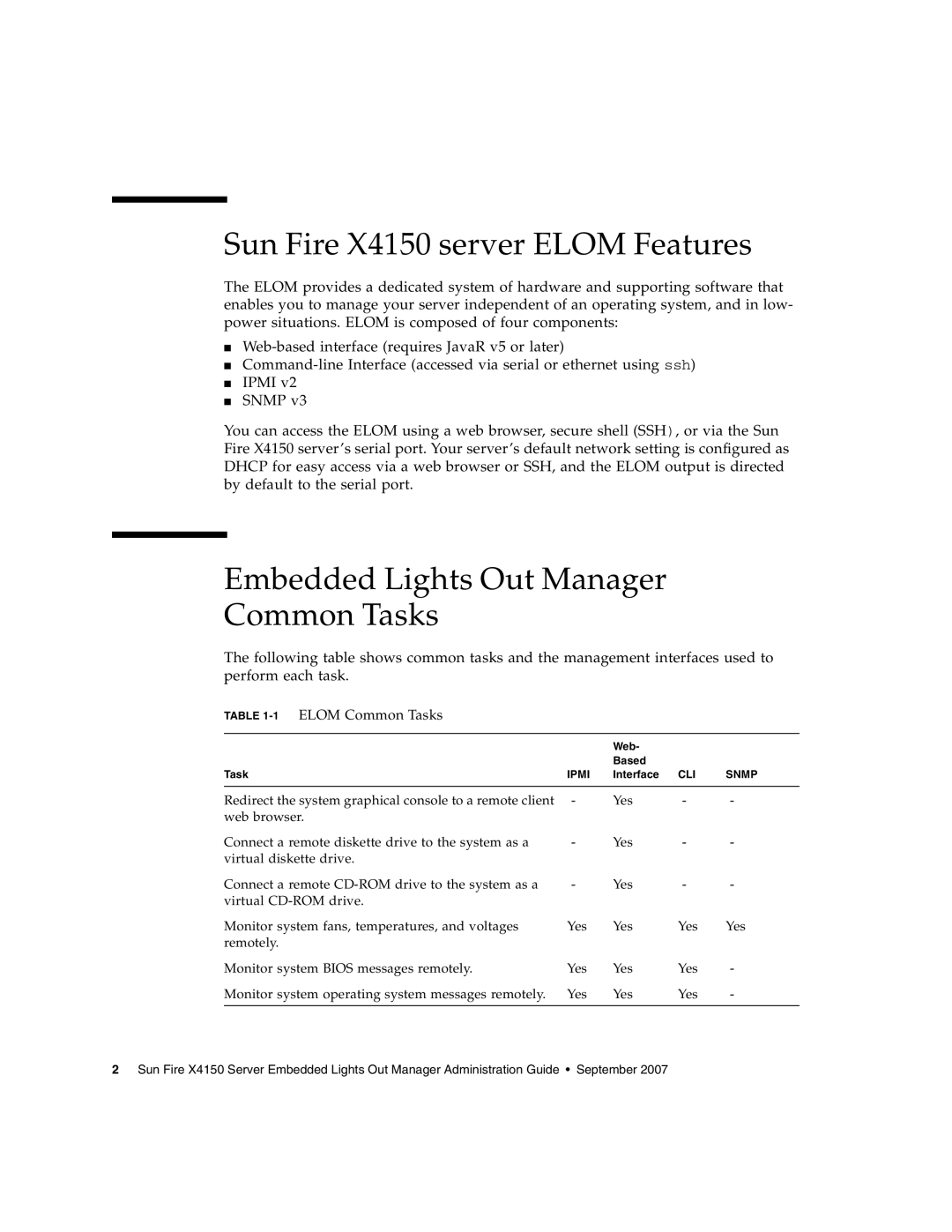 Sun Microsystems Sun Fire X4150 server Elom Features, Embedded Lights Out Manager Common Tasks, 1ELOM Common Tasks 