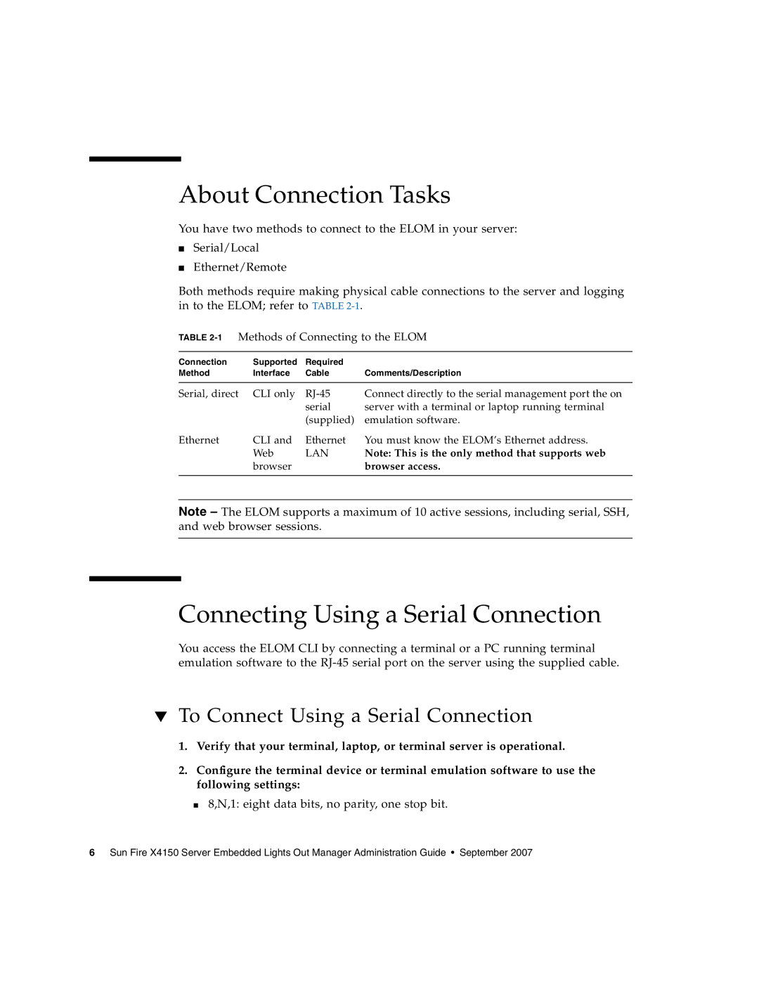 Sun Microsystems X4150 About Connection Tasks, Connecting Using a Serial Connection, To Connect Using a Serial Connection 