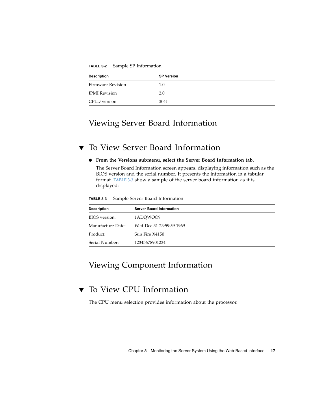 Sun Microsystems X4150 manual Viewing Component Information To View CPU Information, 3Sample Server Board Information 