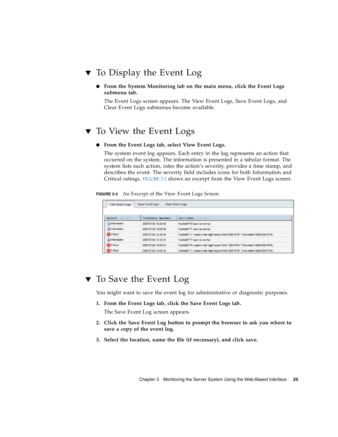 Sun Microsystems X4150 manual To Display the Event Log, To View the Event Logs, To Save the Event Log 