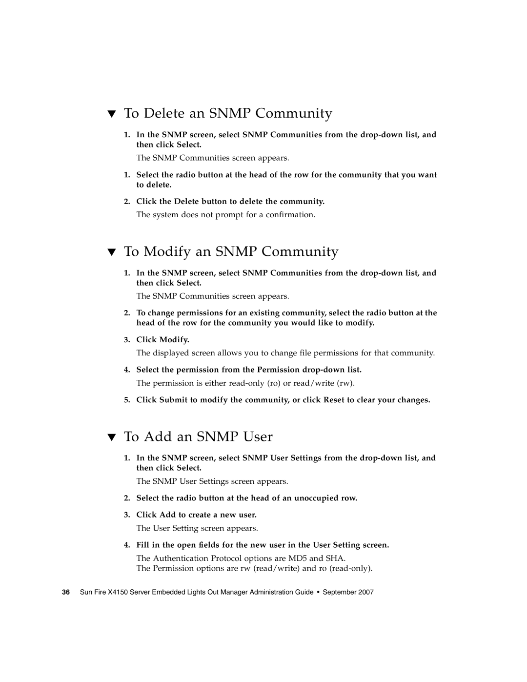 Sun Microsystems X4150 manual To Delete an Snmp Community, To Modify an Snmp Community, To Add an Snmp User 