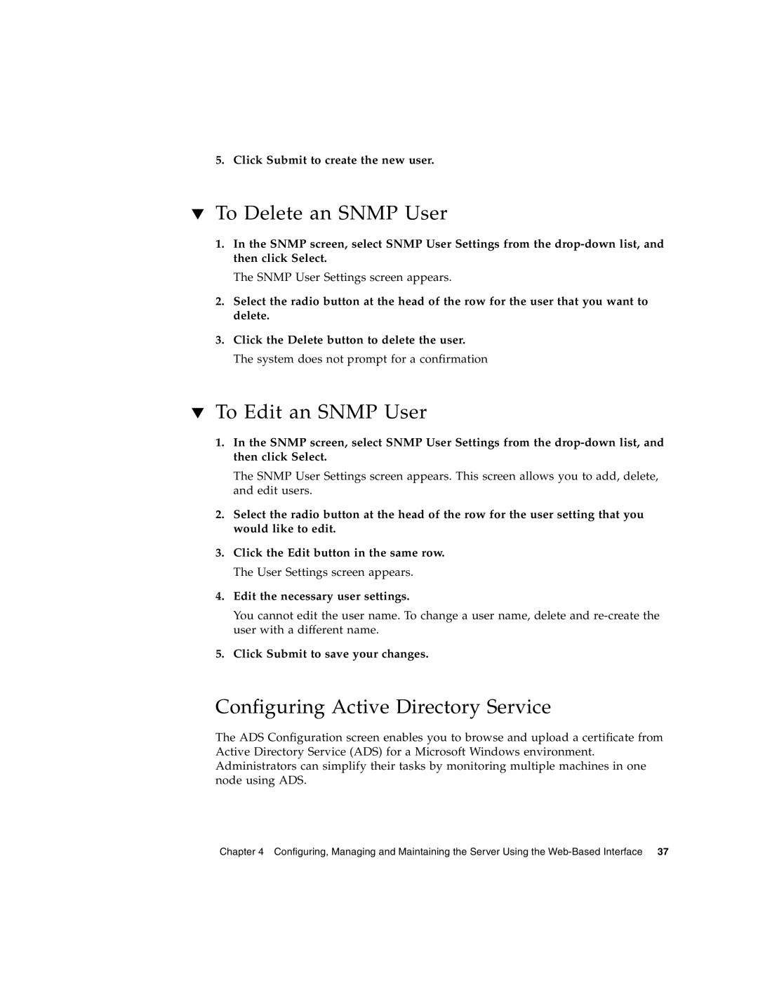 Sun Microsystems X4150 manual To Delete an Snmp User, To Edit an Snmp User, Configuring Active Directory Service 