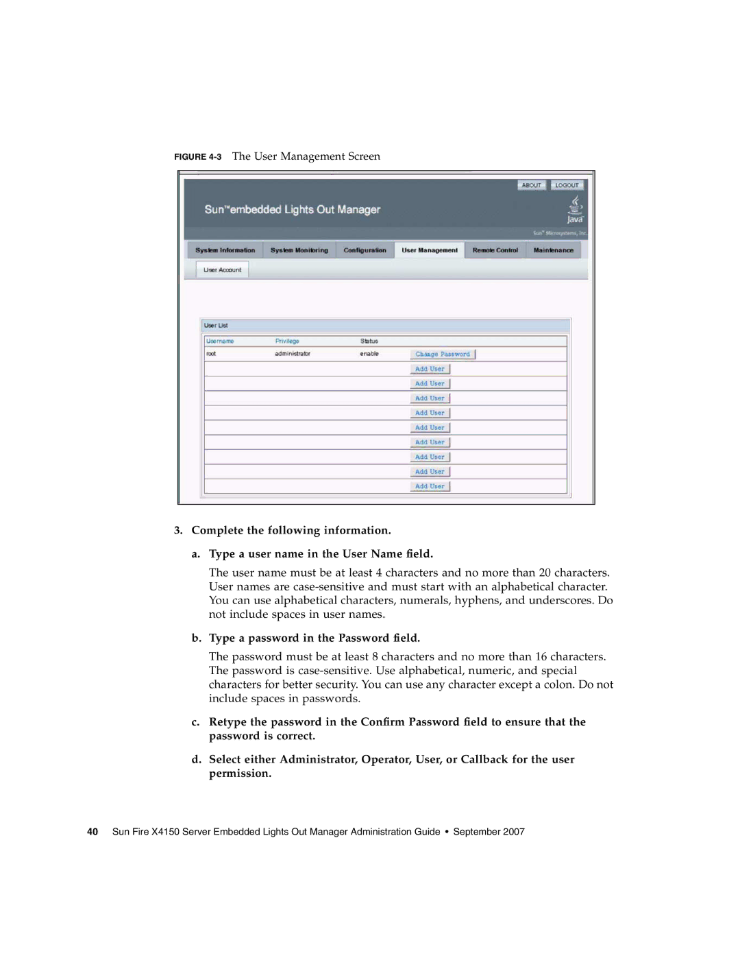 Sun Microsystems X4150 manual Type a password in the Password field, 3The User Management Screen 