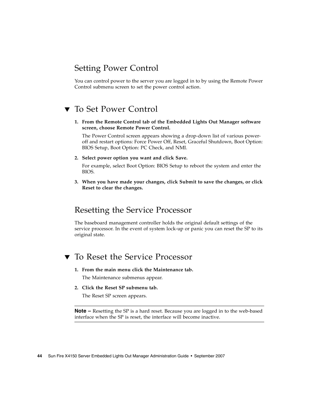 Sun Microsystems X4150 manual Setting Power Control, To Set Power Control, Resetting the Service Processor 